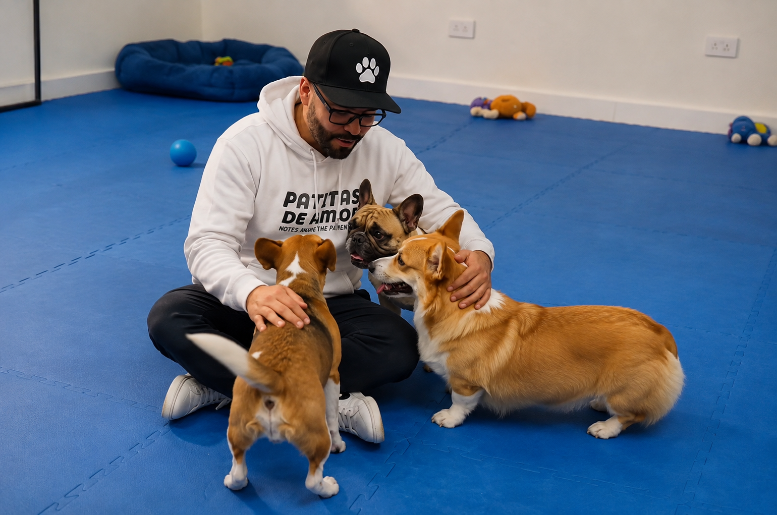 Perros mestizos de distintos tamaños jugando felices en guardería interior San Miguel