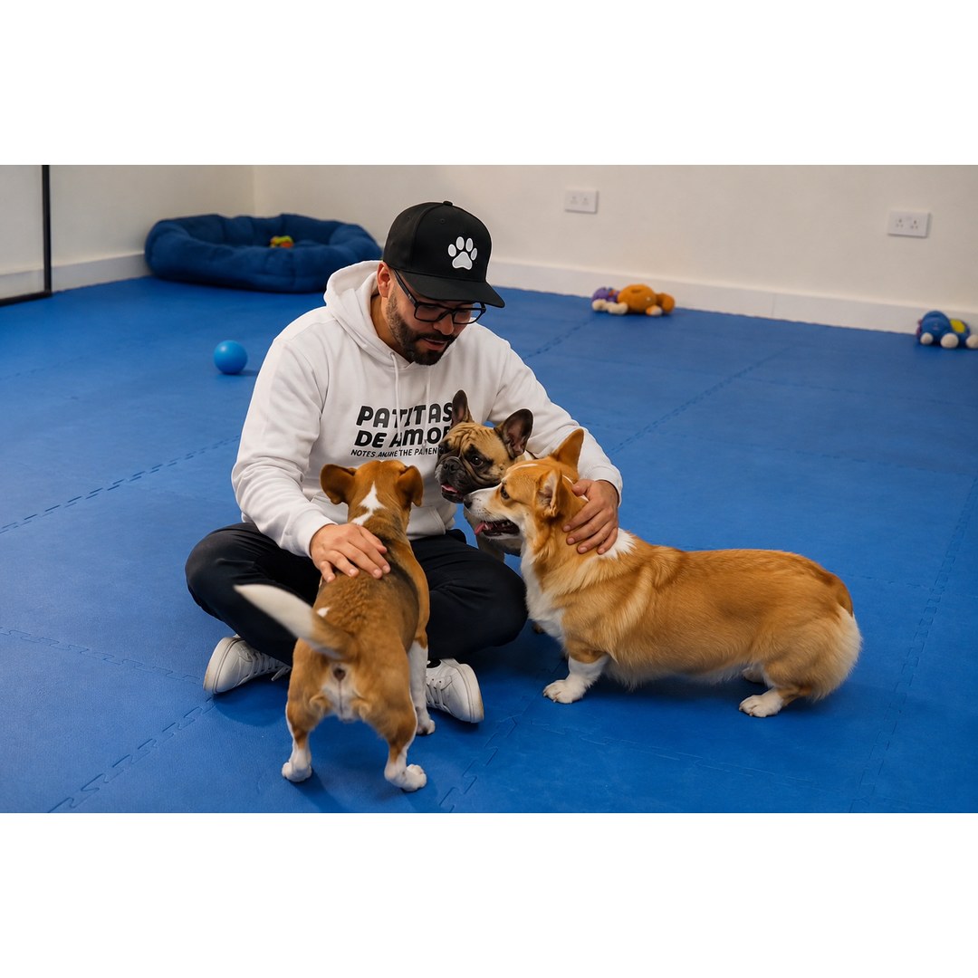 Grupo de perros pequeños jugando felices en guardería interior Patitas de Amor San Miguel