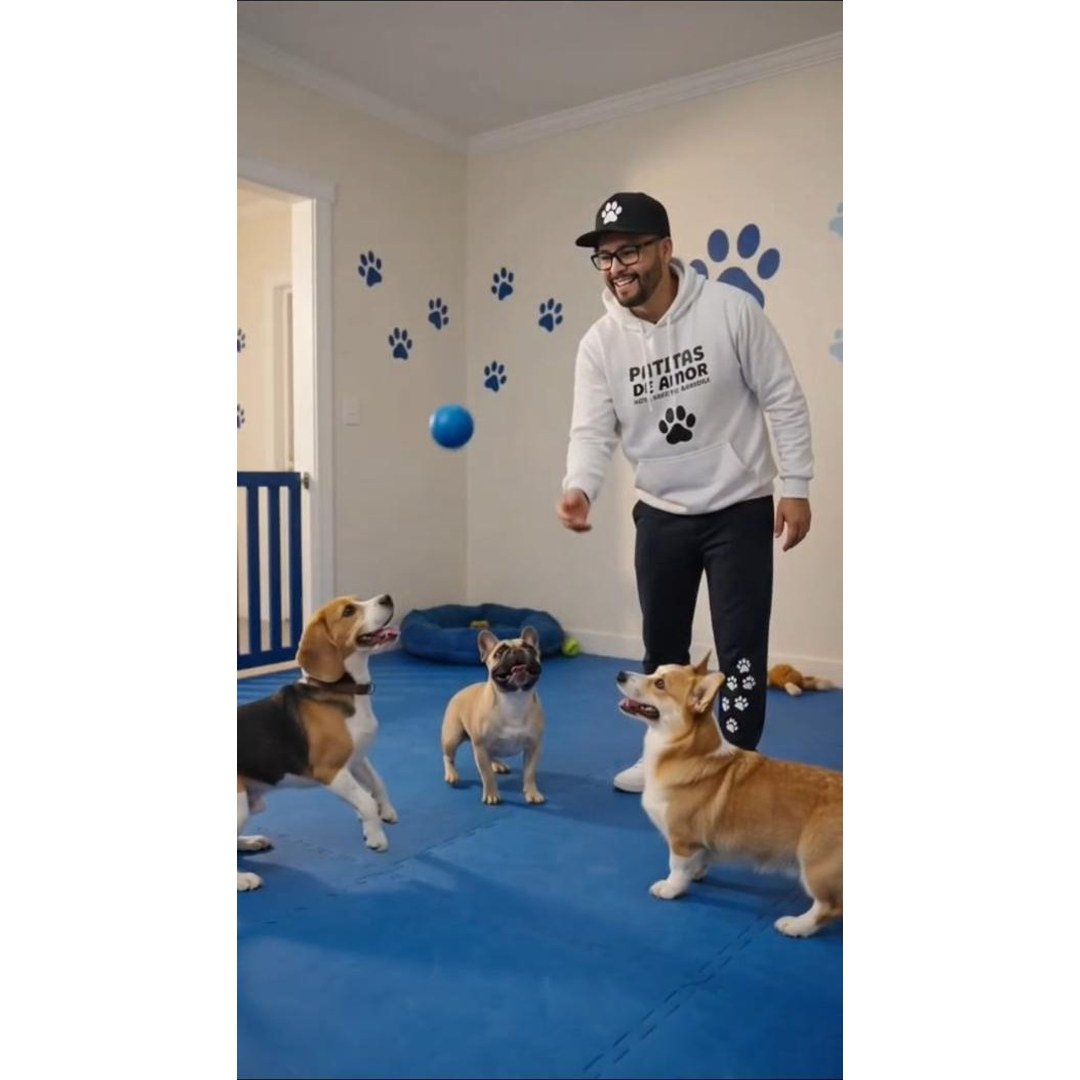 Perro pequeño blanco con manchas paseando con correa por vereda San Miguel